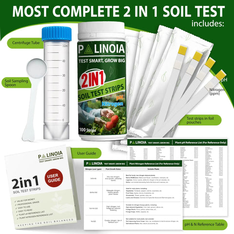 All In One Soil pH And Nitrogen Testing Kit 100 Pack Resealable Pouches Fast Accurate pH Tester For Garden Lawn And Plants Includes Spoon And Tube For Easy At Home Soil Checks image showing a kit with soil sampling spoon, centrifuge tube, test strips, user guide, and reference tables.