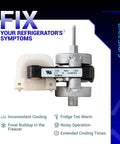 Upgraded Refrigerator Evaporator Fan Motor Replacement W10189703, beefed up and durable, shown with specifications.