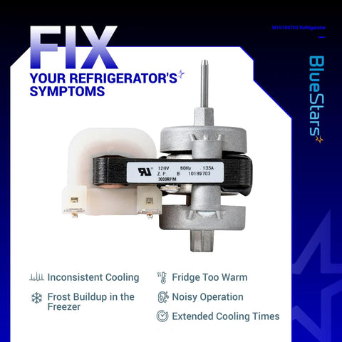 Upgraded Refrigerator Evaporator Fan Motor Replacement W10189703, beefed up and durable, shown with specifications.