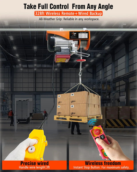Heavy Duty Electric Hoist With Remote Control 1760 Lb Winch Portable Lifting Cable Hoist in warehouse scene