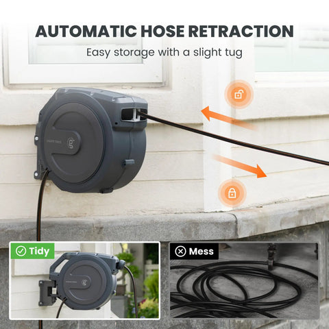 Retractable Wall Mounted Garden Hose Reel Half Inch By One Hundred Feet With Auto Rewind And Lock At Any Length In Dark Gray mounted on wall