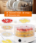 Premium Electric Food Dehydrator Packing Five BPA Free Trays, featuring strawberries and bananas on circular trays.