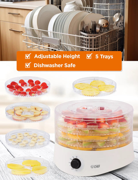 Premium Electric Food Dehydrator Packing Five BPA Free Trays, featuring strawberries and bananas on circular trays.