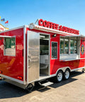 Turnkey Mobile Coffee Trailer With DOT Certification And Full Commercial Kitchen Setup Designed For Street Vendors And Festival Hustles Ready To Roll Straight From The Factory Direct, red trailer exterior.