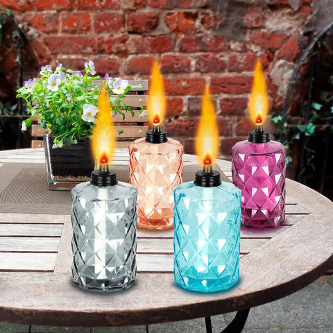 Glass Table Top Torches Four Pack Outdoor Citronella Torches With 12oz Fuel Capacity Refillable Wick And Cap Included