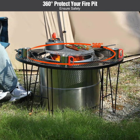 Portable Fire Pit Surround Tabletop for Solo Stove Bonfire Ranger Folding Iron Smokeless Round Fire Pit Table with grill setup