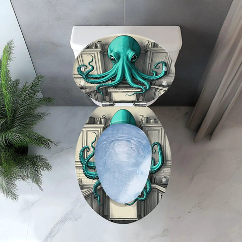 Elongated Toilet Seat Quick Release Resin for Bathroom with octopus design, top view, suitable for standard toilets.