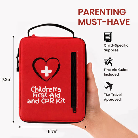 Portable kids' first aid kit with CPR shield, red case and black zipper, front view