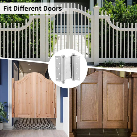 Two Pack Dual Action 6 Inch Stainless Steel Door Hinges Self Closing With Adjustable Closing Speed displayed on various doors