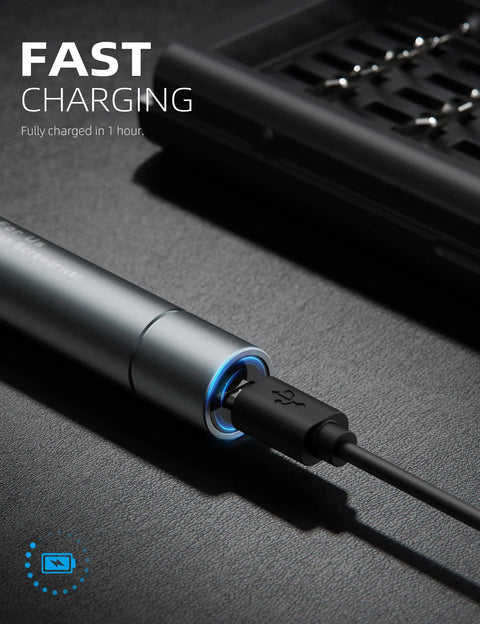 Mini Electric Screwdriver Kit With LED Light 42 In 1 Cordless Precision Set USB-C charging cable connected to device