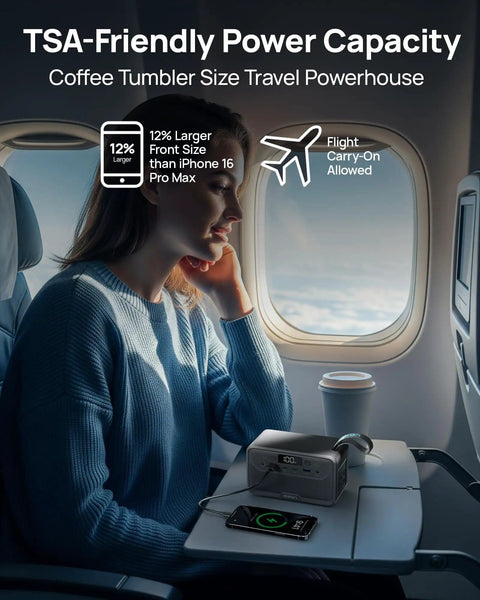Woman using Portable Power Station 89.6Wh LiFePO4 Battery With Solar Ready 100W AC Outlets And USB C PD Fast Charging on airplane