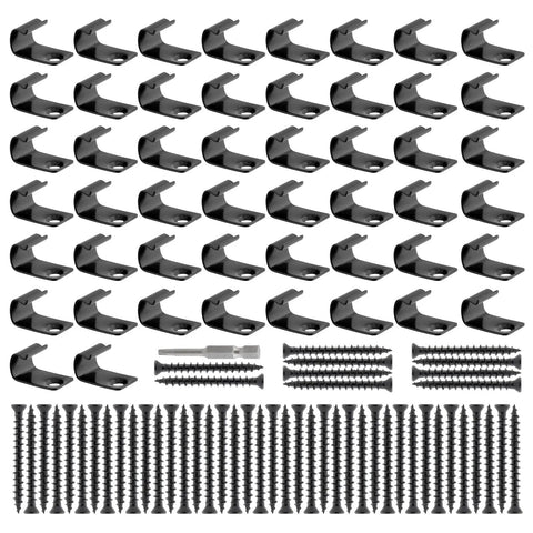 Hidden Deck Starter Clips For Grooved Composite Decking With Fifty Invisible Edge Fasteners, 50 black clips and screws arranged.