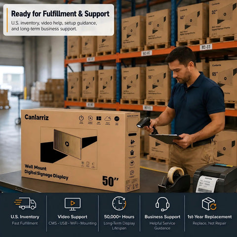 Heavy Duty 65 Inch Wall Mounted Digital Signage Display 4K Menu Board Indoor Commercial Business Advertising Screen Built Tough Bright Promotional Monitor With No Sweat Setup in warehouse with employee scanning.