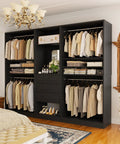 Spacious 97 Inch Closet System With Integrated Mirror And Four Deep Drawers Heavy Duty Wood Wardrobe Rack With Four Hanging Rods And Flexible Adjustable Shelves For No Fuss Walk In Storage In Matte Black, showcasing organized clothing and accessories.