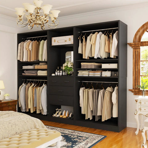 Spacious 97 Inch Closet System With Integrated Mirror And Four Deep Drawers Heavy Duty Wood Wardrobe Rack With Four Hanging Rods And Flexible Adjustable Shelves For No Fuss Walk In Storage In Matte Black, showcasing organized clothing and accessories.