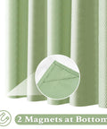 Close-up of sage green cloth shower curtain liner with 2 magnets, textured polyester, 72x84 inch, spa-like feel, waterproof and washable.