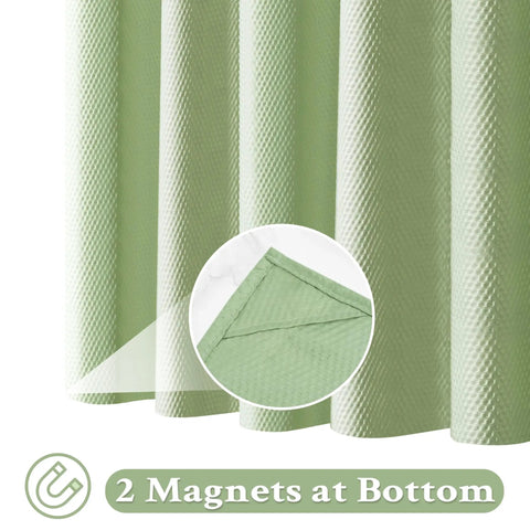 Close-up of sage green cloth shower curtain liner with 2 magnets, textured polyester, 72x84 inch, spa-like feel, waterproof and washable.