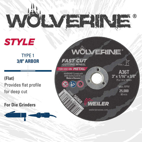 Weiler Wolverine die-grinder cut-off wheel kit with 3 in. x 1/16 in. thin wheels on 3/8 in. arbor; includes 1 mandrel, 10 discs