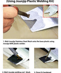 Stainless Steel Reinforcing Mesh For Thermoplastic Bumper And Kayak Repairs applied on plastic tab with welding iron.