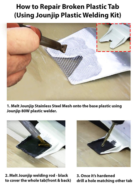 Stainless Steel Reinforcing Mesh For Thermoplastic Bumper And Kayak Repairs applied on plastic tab with welding iron.