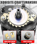HUGOASIS mini lever hoist 1/2 ton, silver aluminum housing with gold alloy gears; close-up ratchet assembly