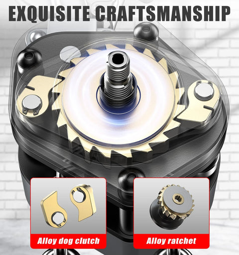 HUGOASIS mini lever hoist 1/2 ton, silver aluminum housing with gold alloy gears; close-up ratchet assembly