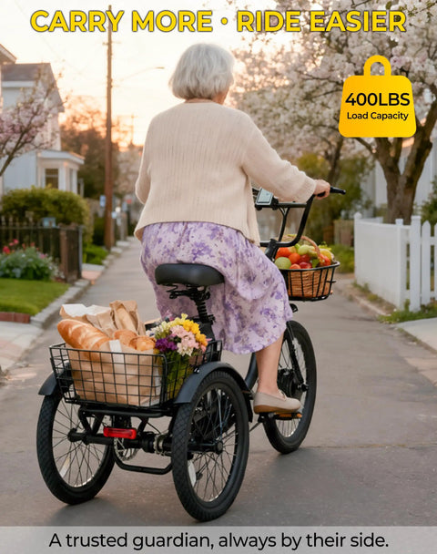 Powerful 1000W Peak Electric Trike For Adults Folding 20-Inch Three-Wheel E-Trike With Step-Through Frame Removable 624Wh Battery Large Basket Black Cruiser Pro For City Streets And Light Trails, rear view on road