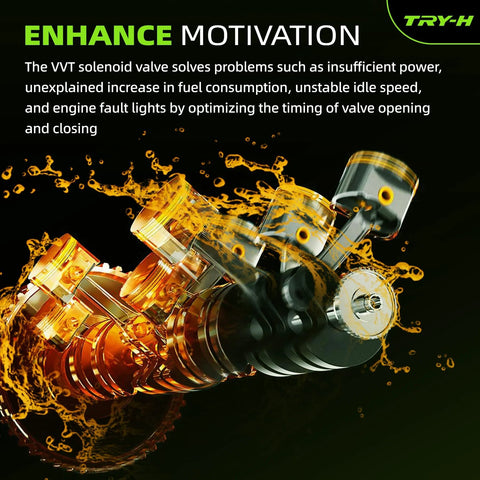 Illustration of VVT oil control solenoid and engine highlighting timing improvements for VVT Oil Control Solenoid Replacement For Toyota Echo Prius Yaris And Scion Xa Xb 1.5L L4 Fits 2000 2013 Models OEM 917-210 15330-21011 15330-21010 15330-21020 024-1959