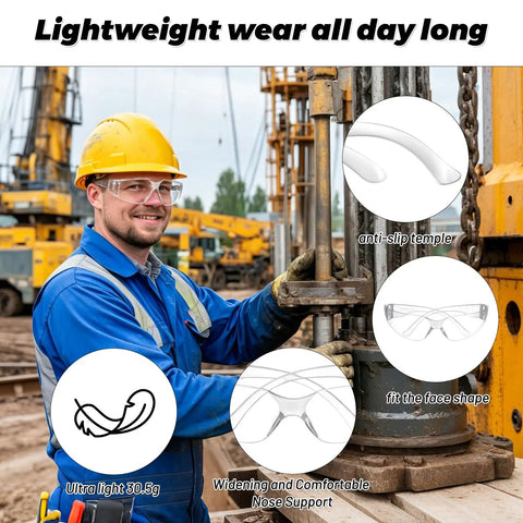 100 Pack Clear Safety Glasses For Men And Women, Ansi Z87.1 Certified Polycarbonate Eye Protection on worker outdoors.