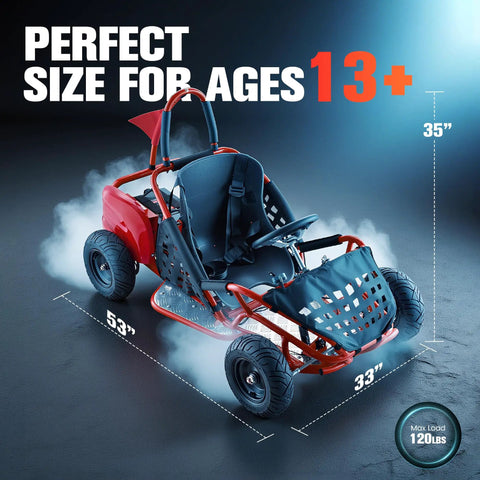 Kid Friendly All Terrain Electric Go Kart With 48V 1000W Motor And Parental Speed Control 13 Inch Off Road Tires Steel Tubular Frame For Durability Ages 6 Plus Red shown with dimensions for ages 13 plus, red frame, and smoke effect.