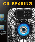 Close-up of 20 Inch High Velocity Metal Floor Fan With 3 Speed Settings Cranks Out 4750 4200 3800 CFM for Industrial Commercial And Home Use showcasing oil and ball bearing mechanism with controls.