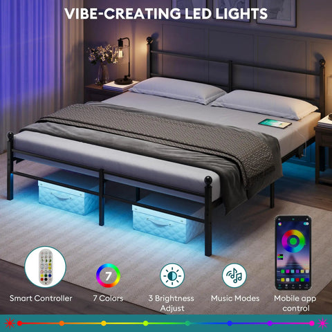 King Size Metal Platform Bed Frame With Led Headboard And Built In Charging Station Sets Off Cool Vibes With Music Sync Lights black with LED lights