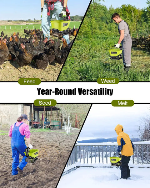 All Season Handheld Seed And Fertilizer Spreader For Lawns, 18V Battery Compatible, used for feed, weed, seed, and melt applications
