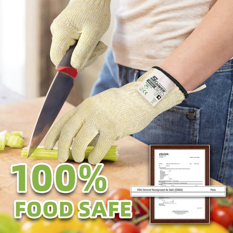 Person wearing Ultra Durable ANSI Cut Resistant Gloves With 10X Reinforced Food Grade Safety, slicing celery in kitchen, size M