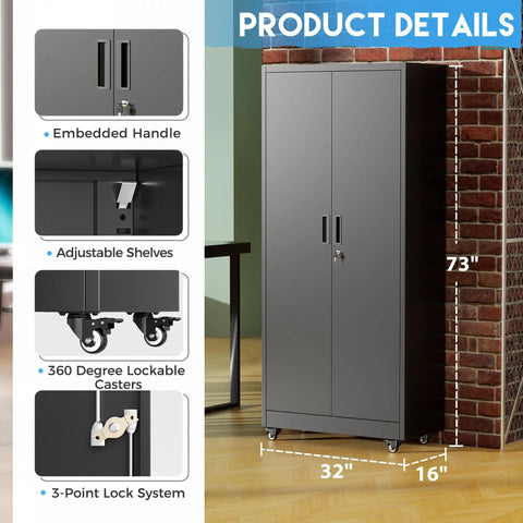 Beefy Heavy Duty Steel Rolling Storage Cabinet On Wheels With Locking Doors 73 Inch Tall Black Tool Cabinet details
