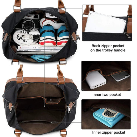 Weekender Travel Bag For Women, Canvas Duffel Tote With Water Resistant Oxford Fabric, showing spacious interior, pockets, and packed essentials.