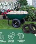 Heavy Duty 15x6.00-6 Inner Tubes Two Pack With Straight Valve Stem for lawn mowers and ATVs, displayed with wheelbarrow