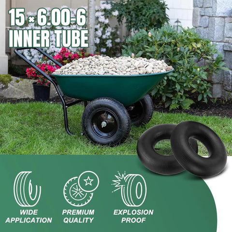 Heavy Duty 15x6.00-6 Inner Tubes Two Pack With Straight Valve Stem for lawn mowers and ATVs, displayed with wheelbarrow