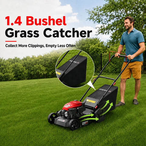 21 Inch Gas Lawn Mower With 144cc 4 Stroke OHV Engine 3 In 1 Push Mower For Yard Work Easy Start System Mulch Bag And Side Discharge Built For Small To Medium Lawns, 1.4-bushel grass catcher