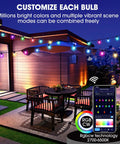 Outdoor 50 Foot RGB LED Christmas Lights IP65 Waterproof Color Changing String Lights For Patio Party Cafe DIY Smart Lights Compatible With Alexa And Remote Lit Voice Control With 16 Million Colors 30 LEDs Dimmable Scene Modes displayed on patio.