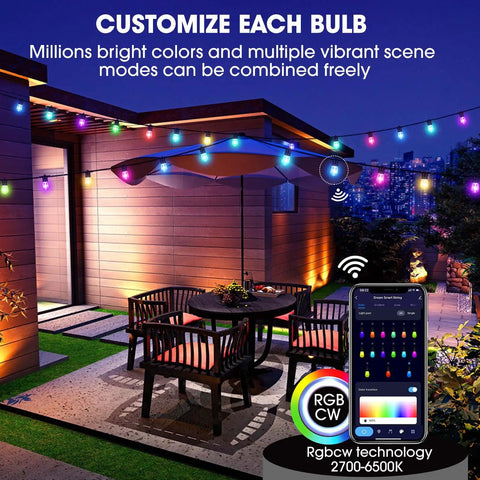 Outdoor 50 Foot RGB LED Christmas Lights IP65 Waterproof Color Changing String Lights For Patio Party Cafe DIY Smart Lights Compatible With Alexa And Remote Lit Voice Control With 16 Million Colors 30 LEDs Dimmable Scene Modes displayed on patio.