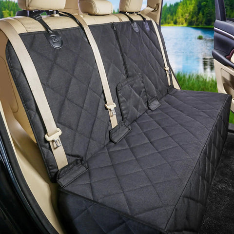 Backseat Dog Car Seat Cover Waterproof, Nonslip And Scratch-Proof Protector For Pet Fur And Mud, Washable Backseat Shield For Cars, Arm Rest Compatible shown installed on backseat of car.