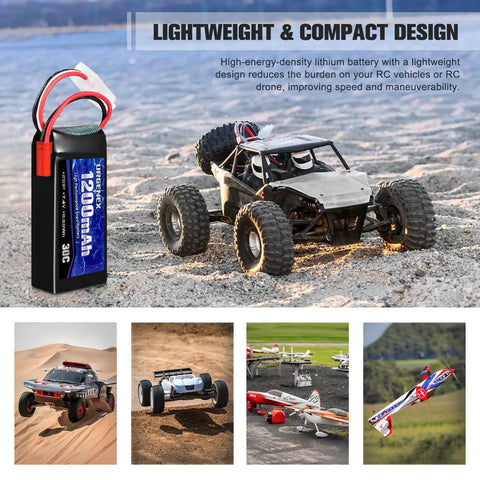 Beefy 7.4V 1200mAh 30C LiPo Battery With JST Plug For RC Cars Trucks Drones And Helis next to RC truck on terrain