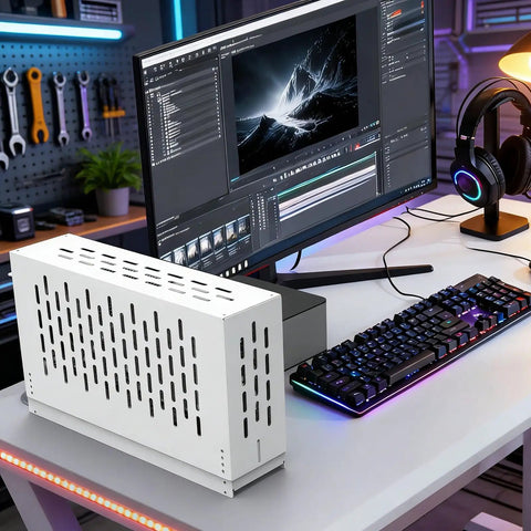 Built Legit External Egpu Dock Pcie Four Point Zero Thunderbolt Enclosure For Gaming Laptops, sleek white design on desk with monitor.