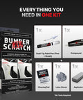 All In One Car Bumper Scratch Remover Kit That Fixes Paint Transfer Scuffs And Light Scratches With A Clear Touch Up Pen Wipes And Compound For All Paint Colors Easy DIY Auto Paint Repair box with contents displayed.