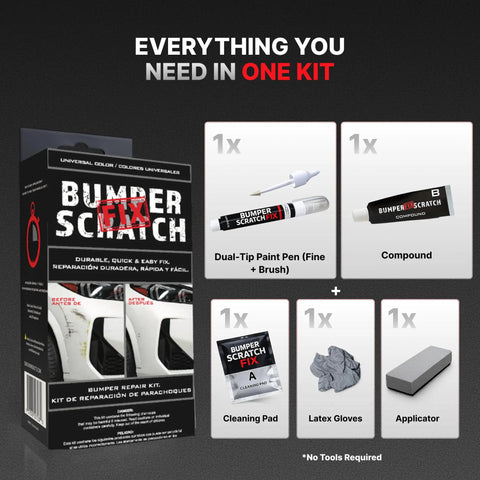 All In One Car Bumper Scratch Remover Kit That Fixes Paint Transfer Scuffs And Light Scratches With A Clear Touch Up Pen Wipes And Compound For All Paint Colors Easy DIY Auto Paint Repair box with contents displayed.