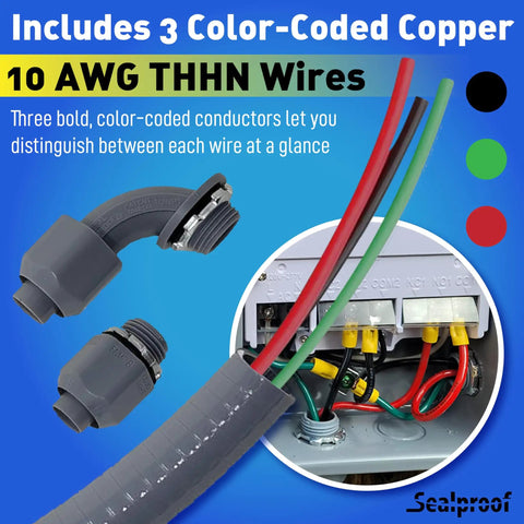 Power Whip Wiring Kit For AC Hookup Half Inch Flexible Nonmetallic Liquid Tight Conduit With Ten Gauge Wire UL listed close-up