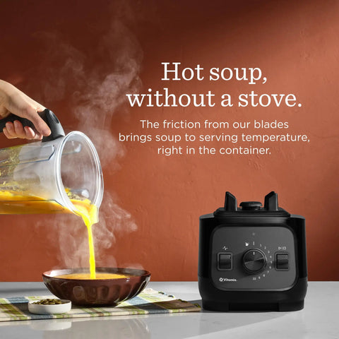 Real Deal Kitchen Workhorse Professional Grade Blender With Sixty Four Ounce Container Killer Motor For Smooth Consistent Blends Perfect Soups Sauces And Frozen Desserts Quick Rinse Clean Matte Black pouring hot soup from blender into bowl