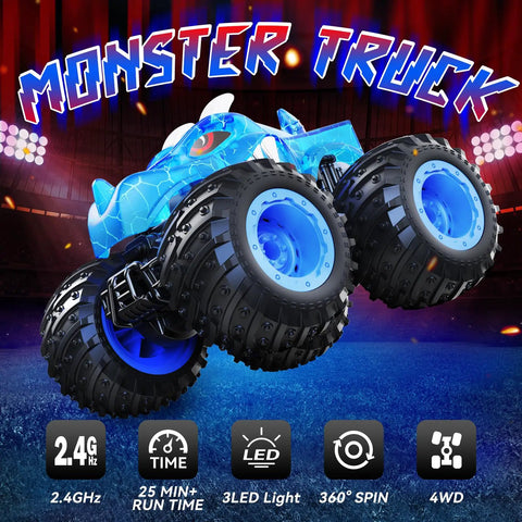 Monster Truck Remote Control Car With Light Spray And LED Boosters 2.4GHz All Terrain RC Toy for Kids 3 Plus in arena