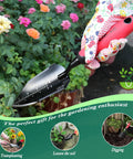 Heavy Duty Stainless Steel Garden Trowel with Non Slip Rubber Handle in use for transplanting in flower bed